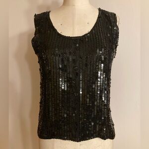 Ann Katrine Black Sequin Beaded Sleeveless Crop Silk Top Arched Hemline 60s